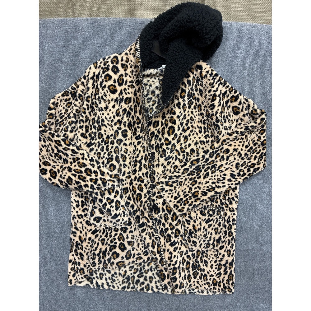 Sherpa Leopard Hood Fleece Cardigan Tan Black Large PJ Robe Cozy Winter Jacket
